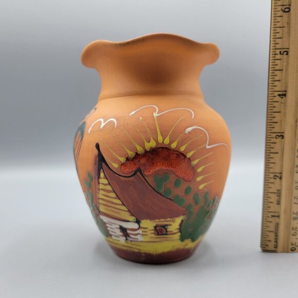 Vintage Hand Painted Terracotta Vase Scenic Design Flared Rim Signed Punta Cana - Picture 12 of 13